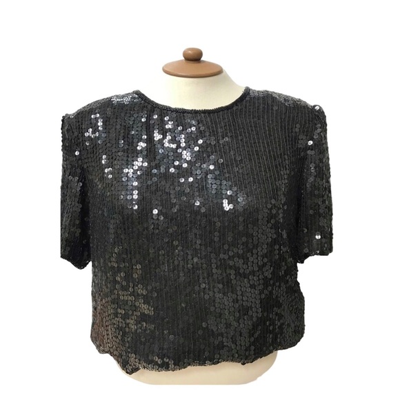 Vintage Designer Black Sequins & Silk Dressy Glam Top, Sz M - Picture 3 of 7
